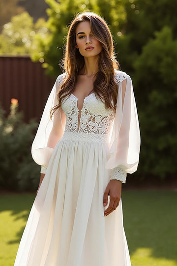 Ivory V-Neck Chiffon A Line Wedding Dress with Lace